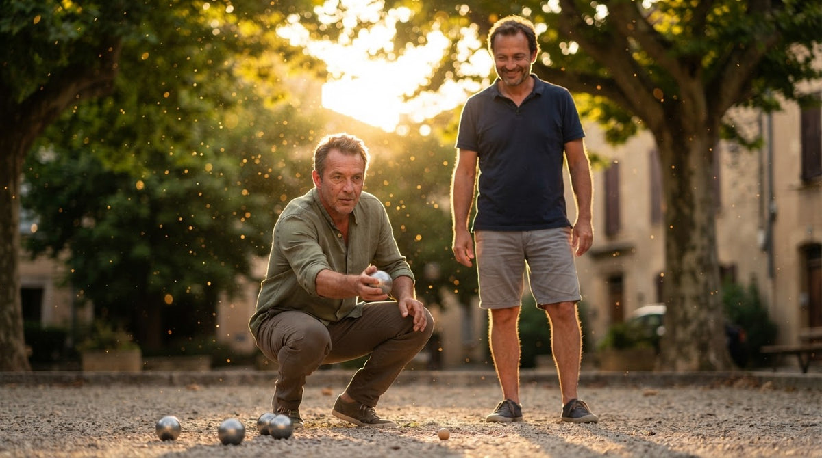 Zwei Männer um die 50 spielen an einem Sommerabend Boule auf einem Kiesplatz unter Platanen