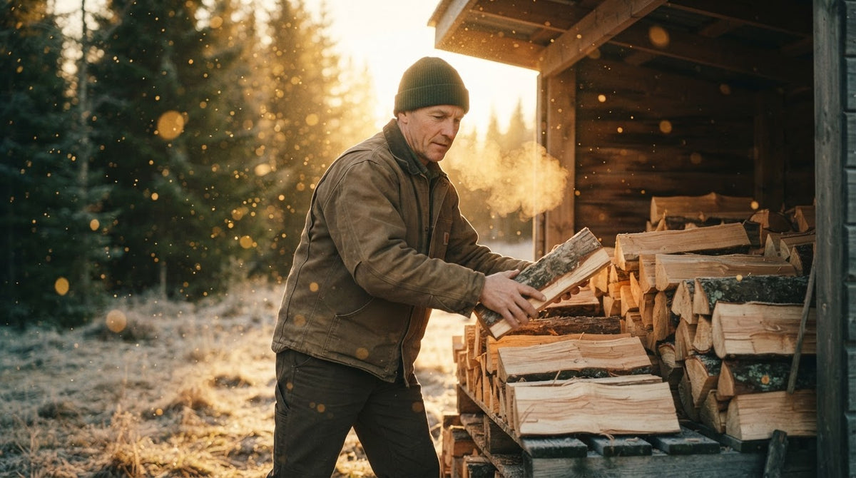 Mann um die 50 stapelt an einem klaren Wintermorgen Brennholz unter einem Schuppendach