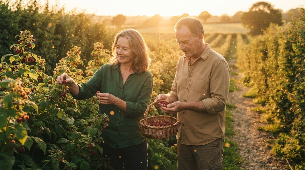 Frau und Mann um die 50 pflücken an einem Julimorgen Himbeeren auf einem Feld zum Selberpflücken