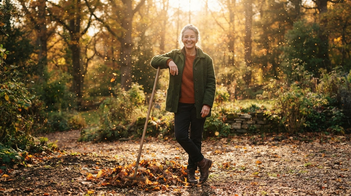 Frau um die 55 recht an einem sonnigen Oktobermorgen Herbstlaub im Garten zusammen
