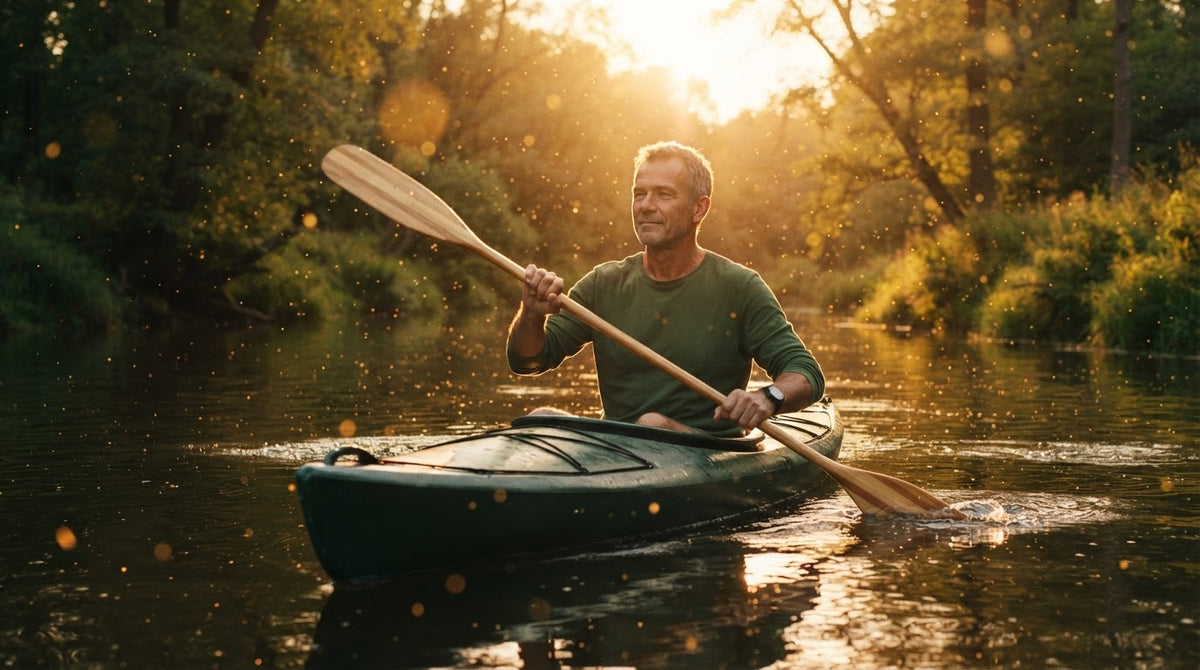 Mann um die 50 paddelt an einem Spätsommernachmittag im Kajak einen ruhigen Fluss entlang