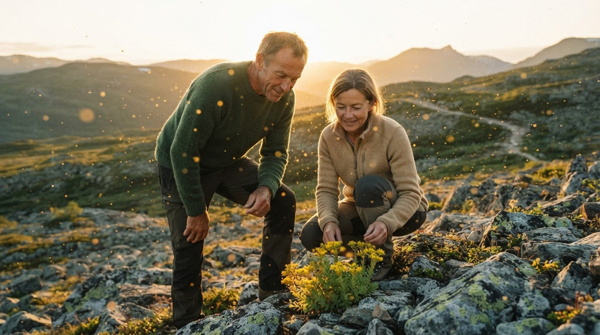 Mann und Frau um die 50 wandern über ein nordisches Felsplateau und betrachten blühenden Rosenwurz