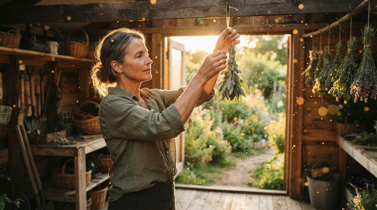 Frau um die 50 hängt in einem hellen Gartenhaus frisch geschnittene Salbeibündel zum Trocknen auf