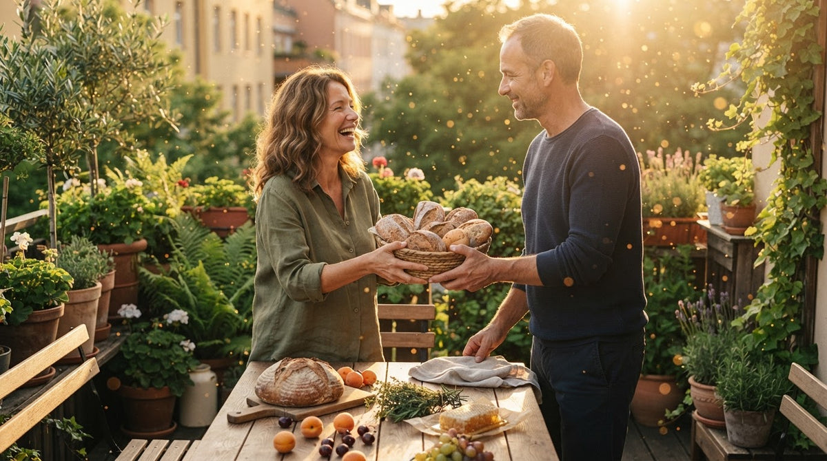 Frau und Mann um die 50 decken an einem Sommermorgen gemeinsam den Frühstückstisch auf dem Balkon