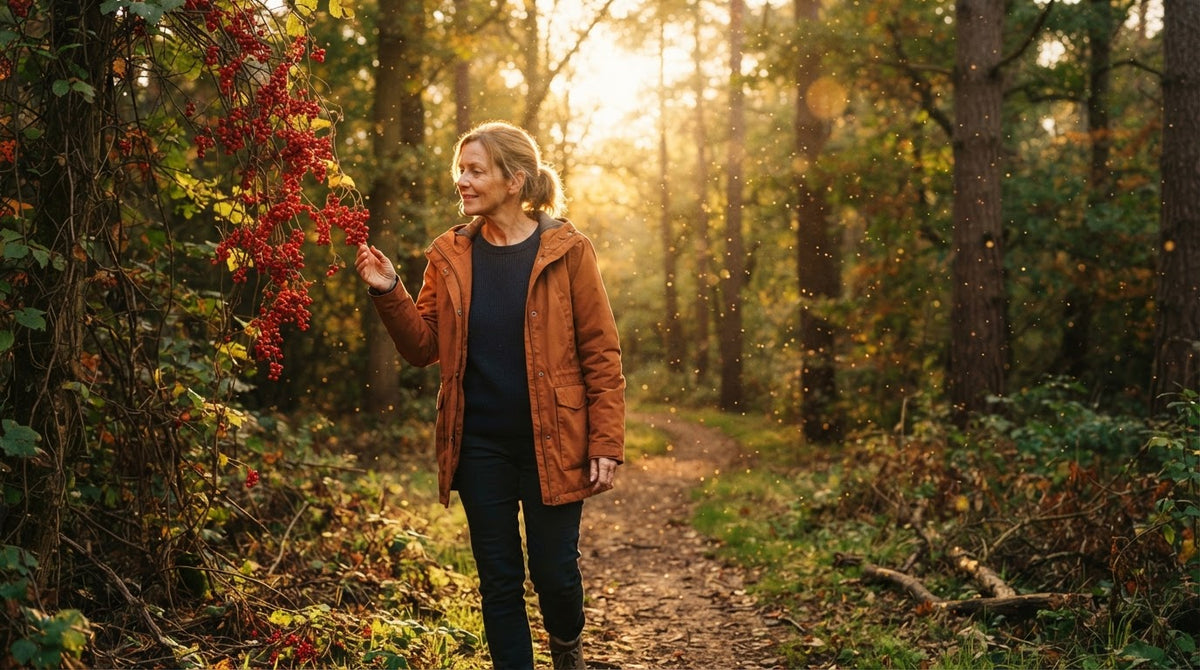 Frau um die 50 betrachtet auf einem herbstlichen Bergwaldweg rote Beerentrauben an einer Kletterpflanze