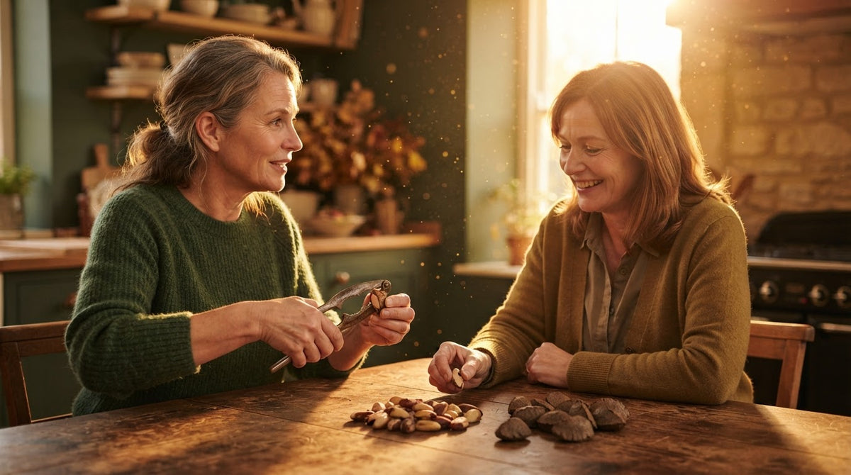 Zwei Frauen um die 50 knacken an einem Herbstnachmittag am Holztisch Paranüsse