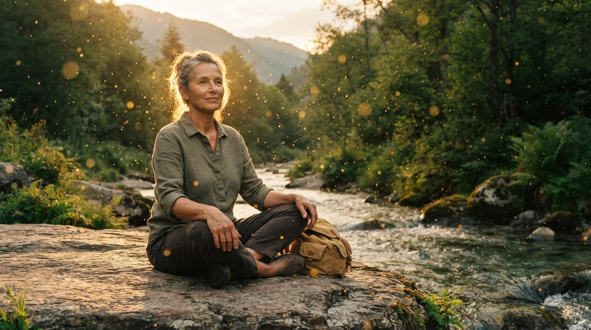 Frau um die 55 sitzt an einem Sommermorgen im Schneidersitz auf einem Felsen an einem Gebirgsbach