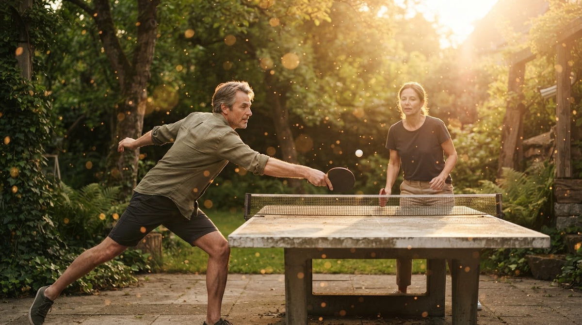 Zwei Freunde um die 50 spielen an einem Frühlingsabend im Garten Tischtennis