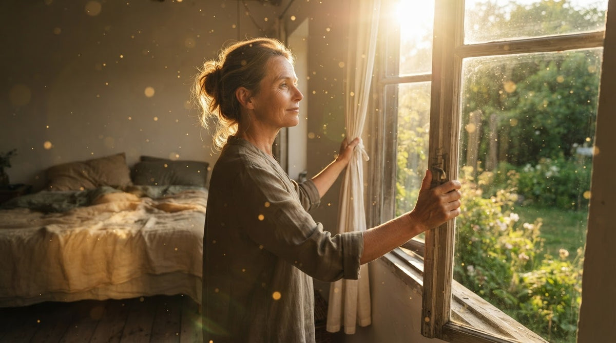 Frau um die 50 öffnet an einem Sommermorgen ausgeruht das Schlafzimmerfenster