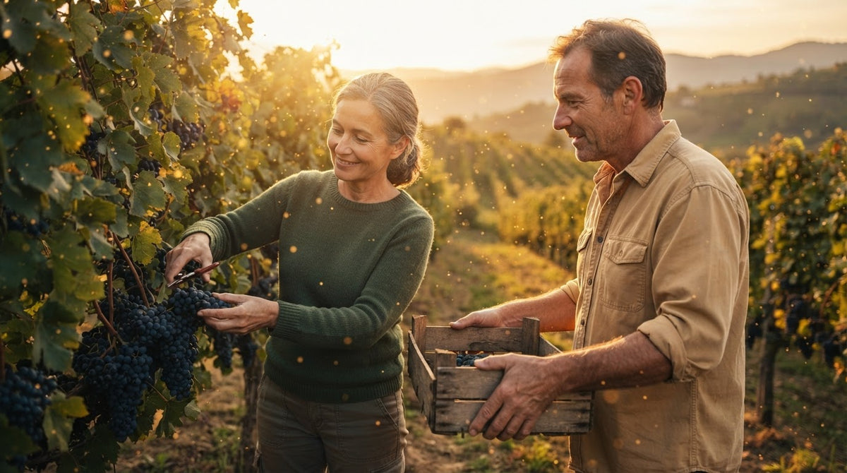Frau und Mann um die 55 ernten an einem Herbstmorgen dunkle Trauben in einem sonnigen Weinberg