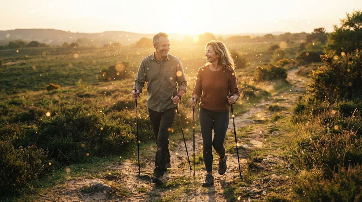 Frau und Mann um die 50 beim Nordic Walking auf einem Heideweg an einem hellen Spätsommermorgen