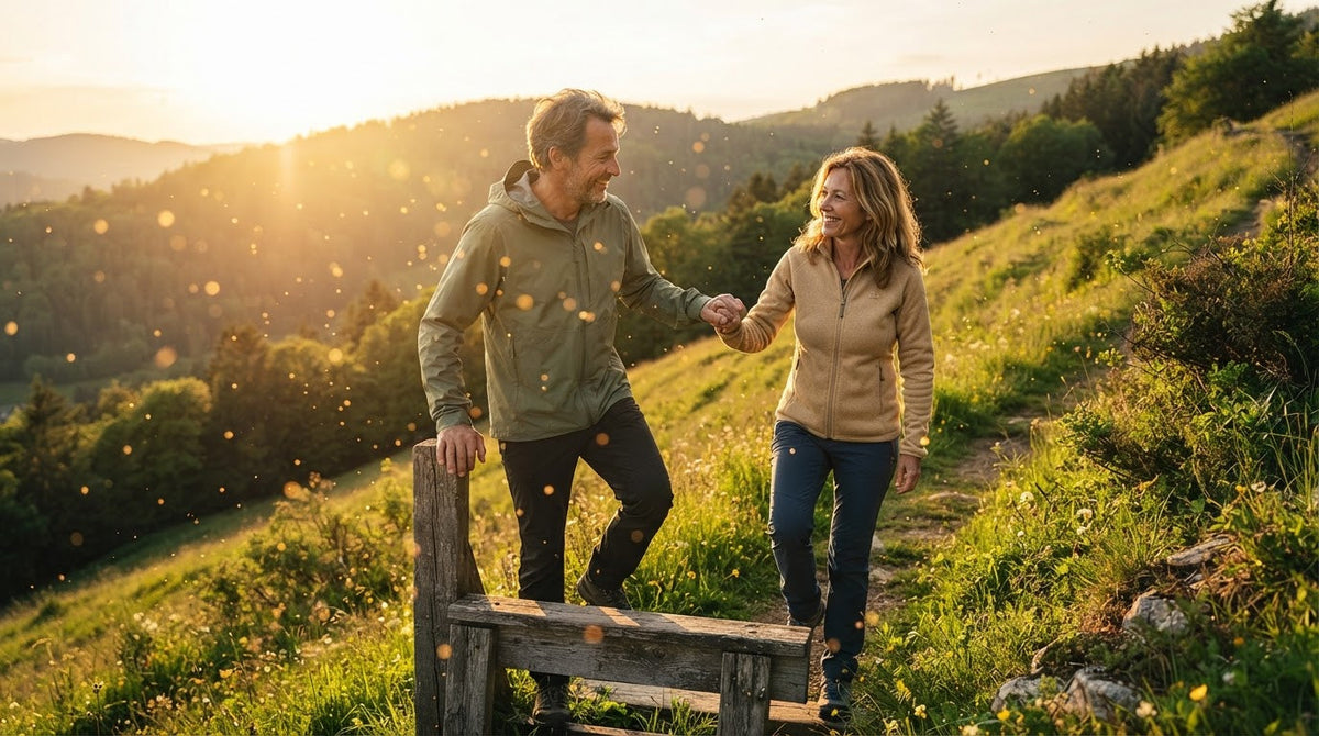 Mann um die 55 hilft seiner Partnerin an einem Frühlingsmorgen auf einem Wanderweg über einen Zauntritt