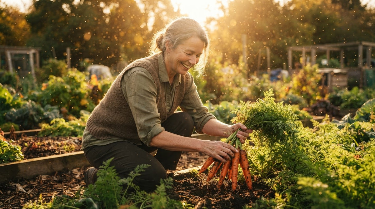 Frau um die 55 erntet an einem Herbstmorgen im Garten eine Handvoll Möhren