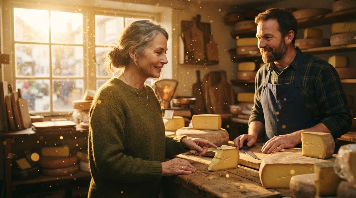 Frau um die 55 sucht an einem Wintermorgen in einem kleinen Käseladen ein Stück Käse aus