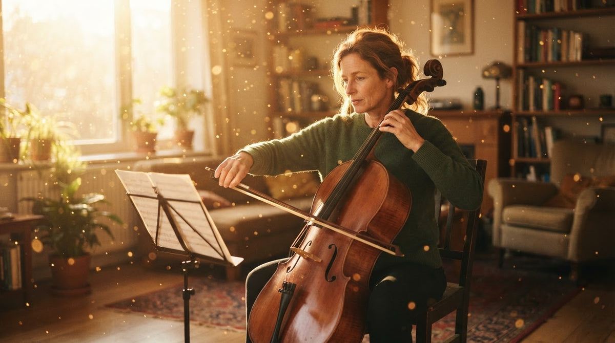 Frau um die 50 spielt an einem Winternachmittag im sonnigen Wohnzimmer Cello