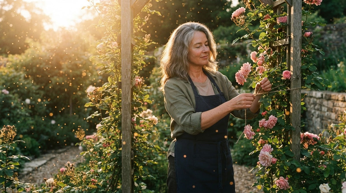Frau um die 50 mit kräftigem, glänzendem Haar pflegt an einem Junimorgen Kletterrosen im Garten