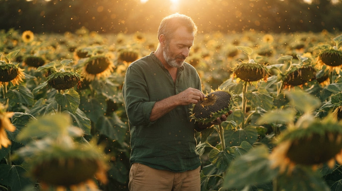 Mann um die 50 erntet im Spätsommer reife Sonnenblumen auf einem Feld