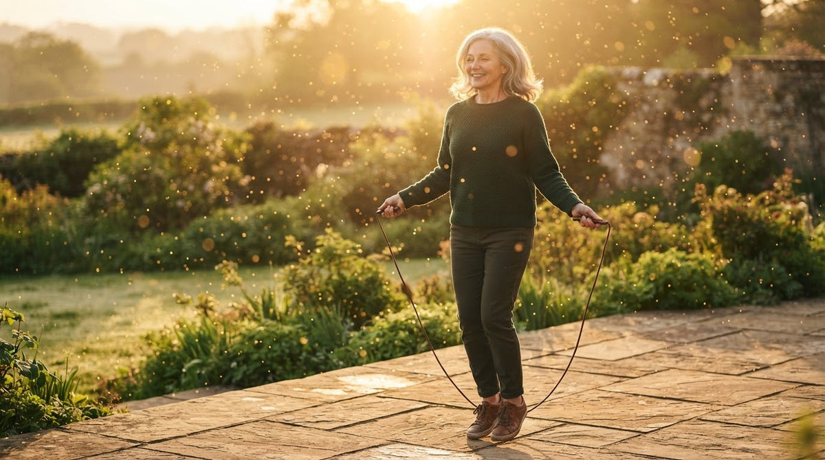 Frau um die 55 springt an einem Frühlingsmorgen auf einer sonnigen Terrasse Seil