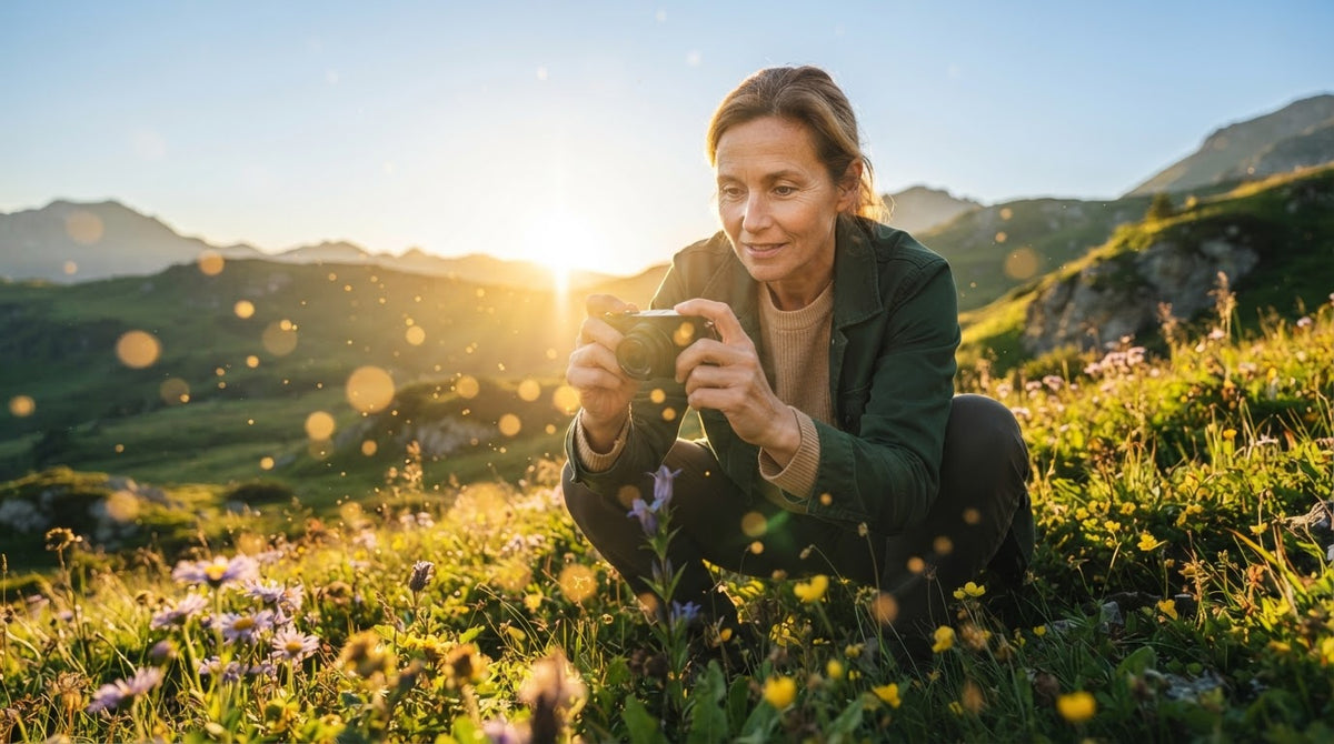 Frau um die 50 fotografiert an einem klaren Frühsommermorgen eine Wildblume auf einer Almwiese